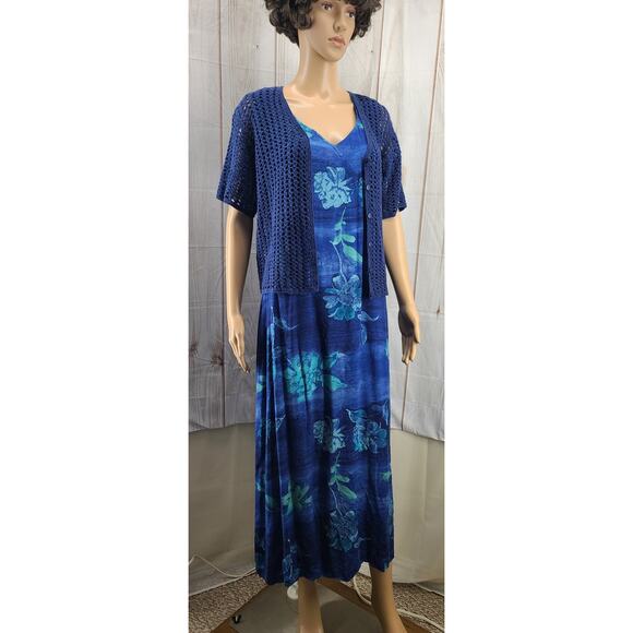 Norton McNaughton Women L Blues Print Rayon Maxi Dress w/Blue Crochet Cardigan - Picture 1 of 9